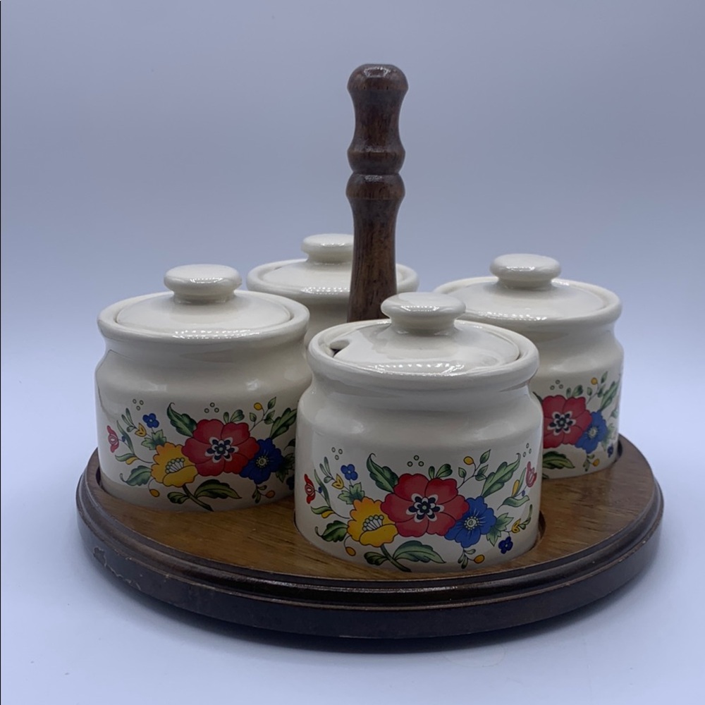 Vintage Provincial Stoneware by Home Concepts Condiment Set with Wooden Stand